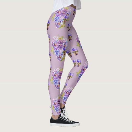 Shabby Chic Lila Paarse Pansy Floral Leggings (Rechts)