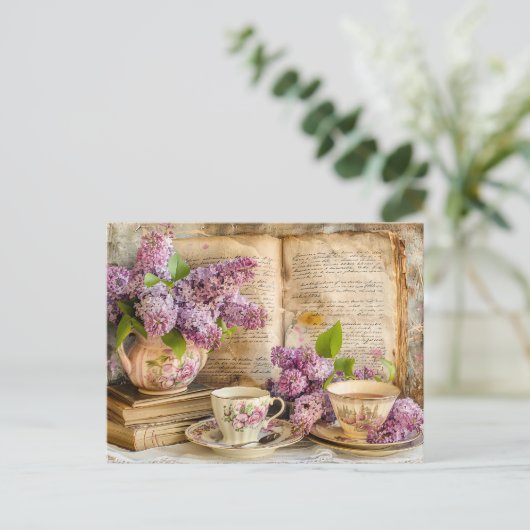 Shabby chic Lilac Bunch in an Antique Coffee Pot Briefkaart (Staand voorkant)