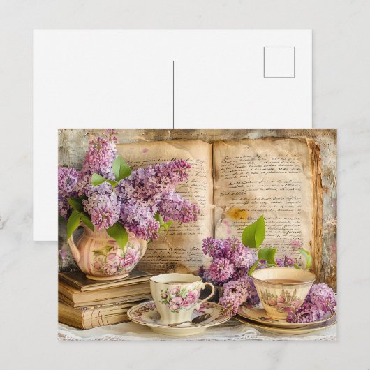 Shabby chic Lilac Bunch in an Antique Coffee Pot Briefkaart (Voorkant / Achterkant)