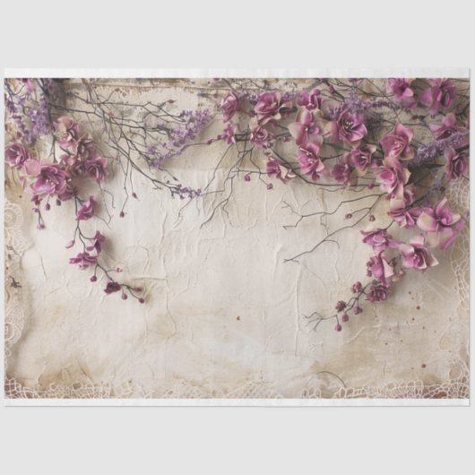 Shabby Chic Magenta Bloesems, kant & mix media Tissuepapier (Voorkant)