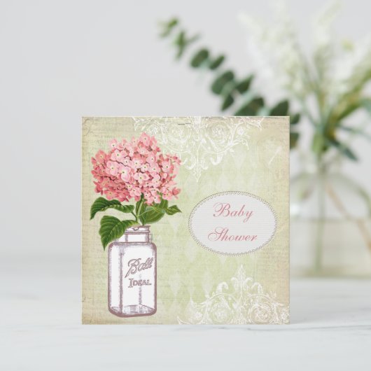 Shabby Chic Mason Jar & Hydrangea Baby shower Kaart (Staand voorkant)