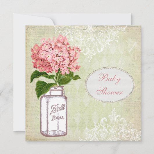 Shabby Chic Mason Jar & Hydrangea Baby shower Kaart (Voorkant)