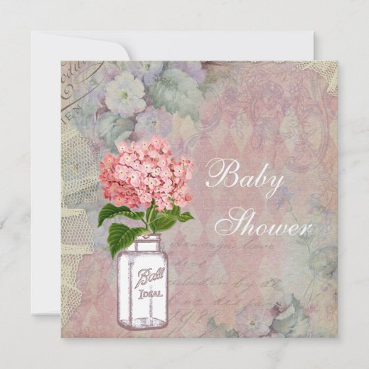 Shabby Chic Mason Jar & Hydrangea Baby shower Kaart (Voorkant)