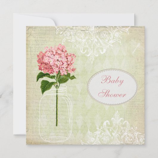 Shabby Chic Mason Jar & Hydrangea Baby shower Kaart (Voorkant)