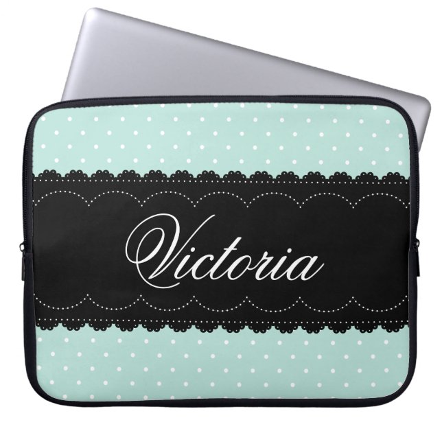 Shabby Chic Mint Black Design Custom Name Laptop Sleeve (Voorkant)