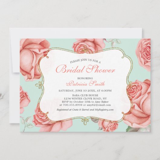 Shabby Chic Mint & Coral Bridal Shower Invitation Kaart (Voorkant)
