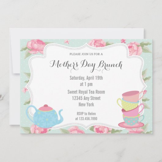 Shabby Chic Moederdag Brunch Invitation Blue Kaart (Voorkant)