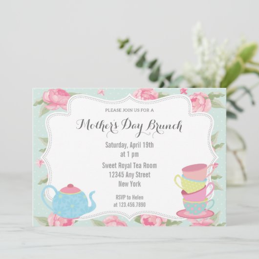 Shabby Chic Moederdag Brunch Invitation Blue Kaart (Staand voorkant)