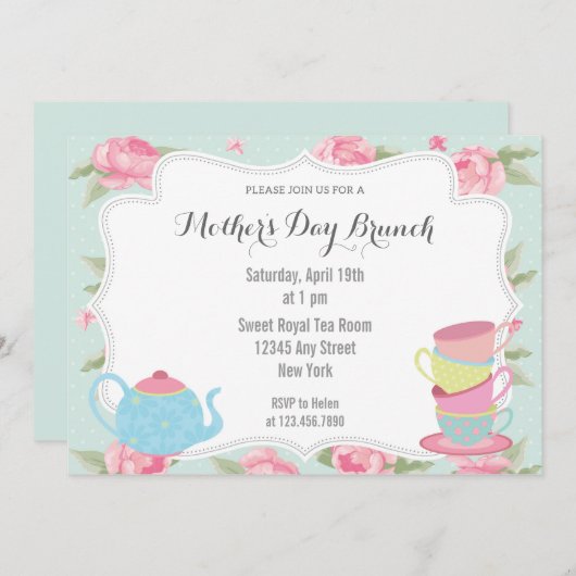 Shabby Chic Moederdag Brunch Invitation Blue Kaart (Voorkant / Achterkant)