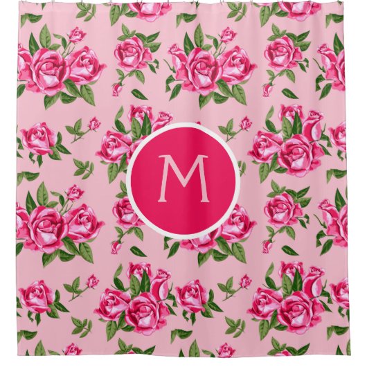 Shabby Chic Monogram roze Roses Bath Douchegordijn (Voorkant)
