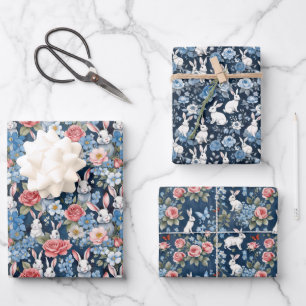 Shabby Chic Paashaas Bloemen Navy Blue Inpakpapier Vel