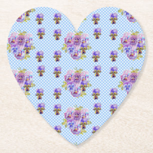 Shabby Chic Pansy Floral Blue Gingham Checks Kartonnen Onderzetters