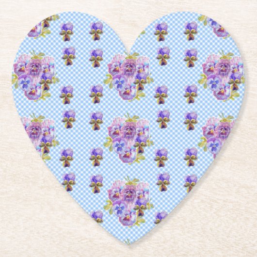 Shabby Chic Pansy Floral Blue Gingham Checks Kartonnen Onderzetters (Voorkant)