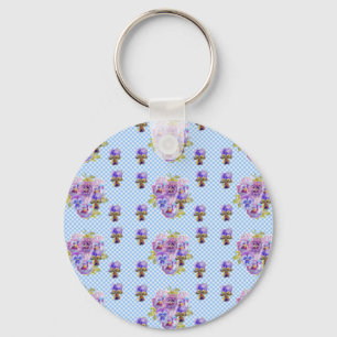 Shabby Chic Pansy Floral Blue Gingham Checks Sleutelhanger