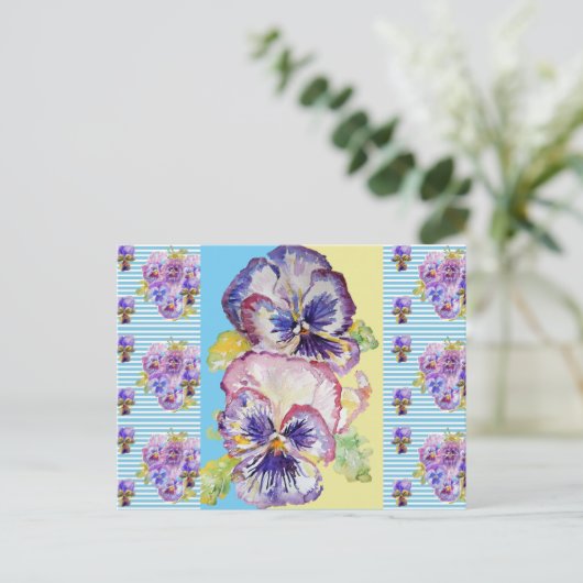 Shabby Chic Pansy Pastel Blue Stripe Art Briefkaar Briefkaart (Staand voorkant)