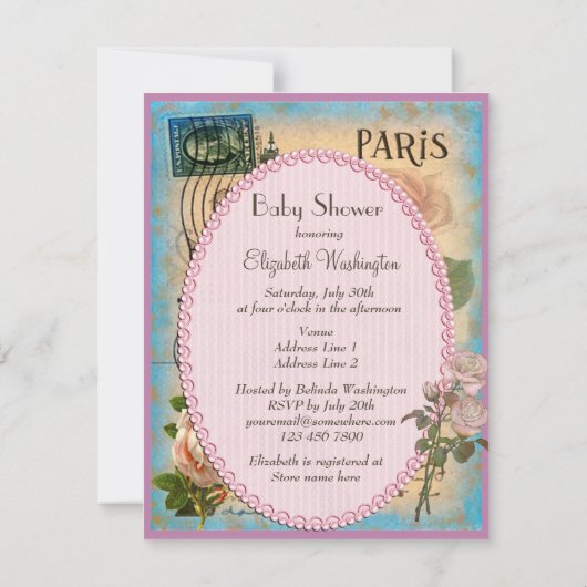 Shabby Chic Paris Eiffel Tower & Rozen Baby shower Kaart (Achterkant)
