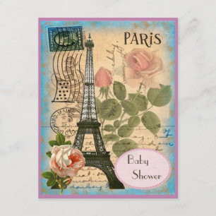 Shabby Chic Paris Eiffel Tower & Rozen Baby shower Kaart
