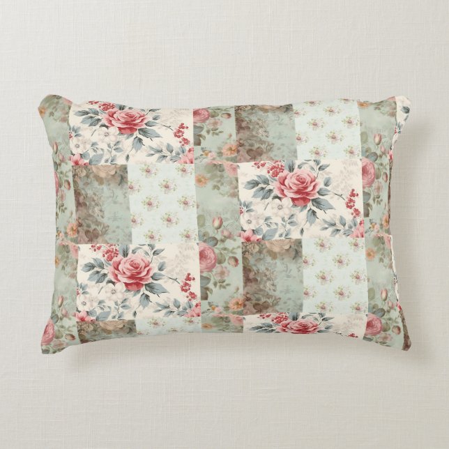  Shabby Chic Pastel Groene Bloemen Patchwork Accent Kussen (Voorkant)
