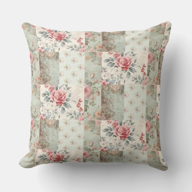  Shabby Chic Pastel Groene Bloemen Patchwork Buitenkussen (Voorkant)