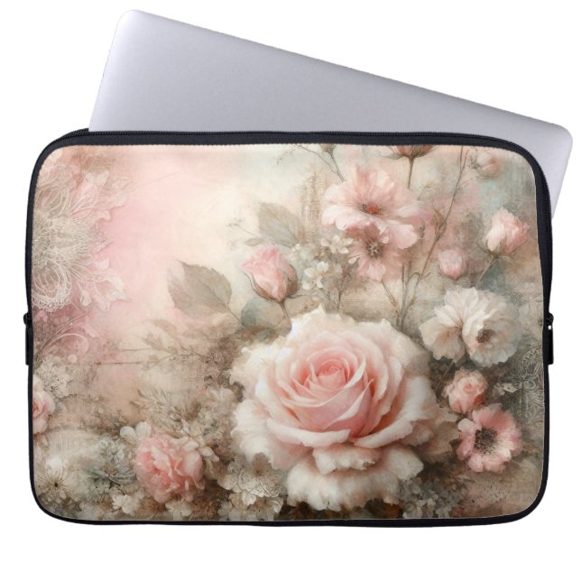   Shabby Chic Pastel Roze Rose Laptop Sleeve (Voorkant)