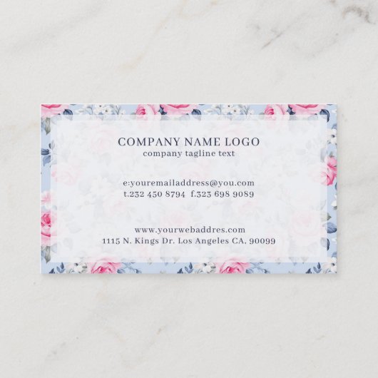 Shabby Chic Pastel Roze Rozen Patroon op blauw Visitekaartje (Achterkant)