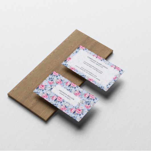 Shabby Chic Pastel Roze Rozen Patroon op blauw Visitekaartje