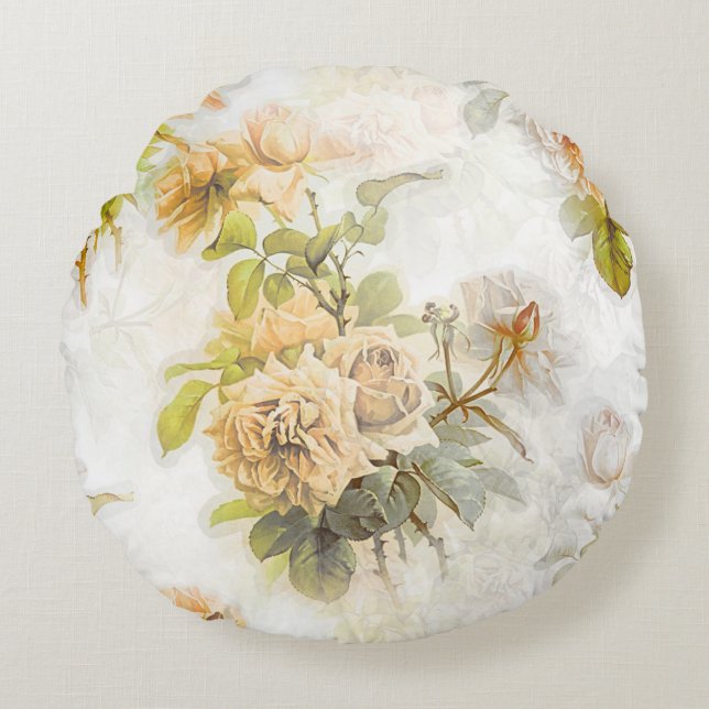  Shabby Chic Perzik Bloemenillustratie Rond Kussen (Voorkant)