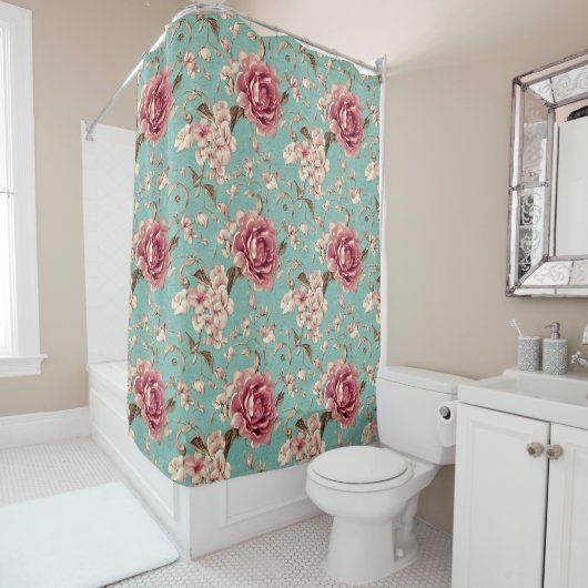 Shabby Chic Pink and White Florals on Teal Douchegordijn (In situ)