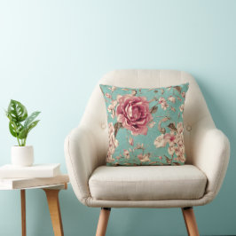 Shabby Chic Pink and White Florals on Teal Kussen