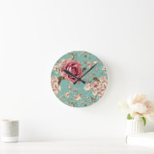 Shabby Chic Pink and White Florals on Teal Ronde Klok (Huis)