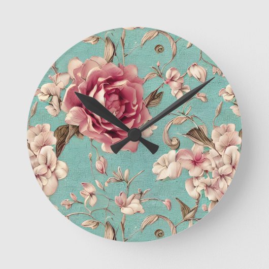 Shabby Chic Pink and White Florals on Teal Ronde Klok (Voorkant)