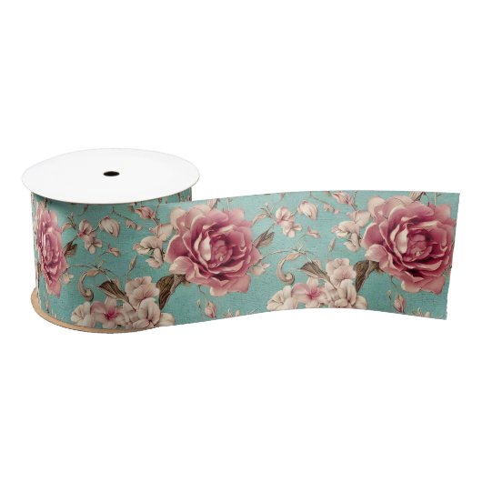 Shabby Chic Pink and White Florals on Teal Satijnen Lint (Spoel)