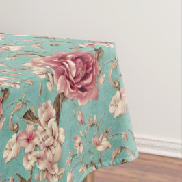 Shabby Chic Pink and White Florals on Teal Tafelkleed