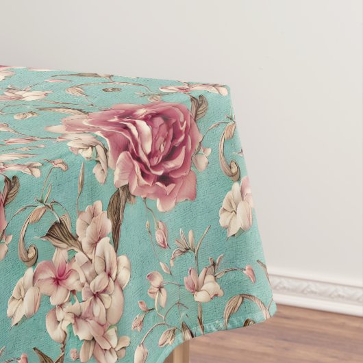 Shabby Chic Pink and White Florals on Teal Tafelkleed (Voorbeeld)