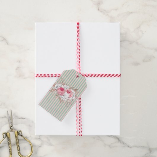 Shabby Chic Pink Bouquet Stripes Cadeaulabel (Met Touw)