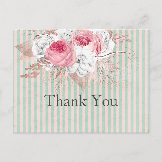 Shabby Chic Pink Bouquet Stripes Hartelijk dank Briefkaart (Voorkant)