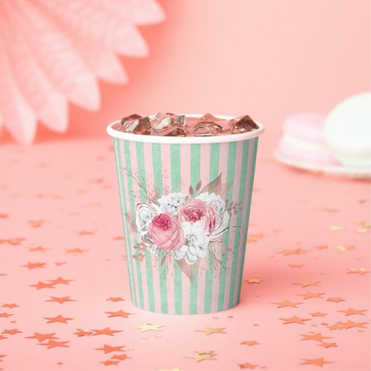 Shabby Chic Pink Bouquet Stripes Papieren Bekers (Insitu)