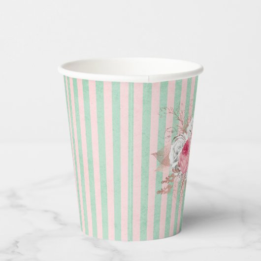 Shabby Chic Pink Bouquet Stripes Papieren Bekers (Rechts)