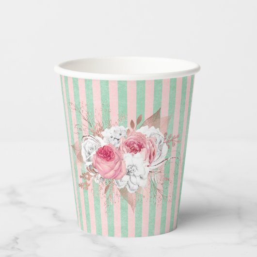 Shabby Chic Pink Bouquet Stripes Papieren Bekers (Voorkant)