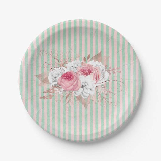 Shabby Chic Pink Bouquet Stripes Papieren Bordje (Voorkant)