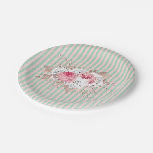 Shabby Chic Pink Bouquet Stripes Papieren Bordje (Gekanteld)
