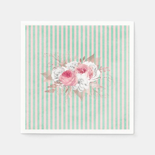 Shabby Chic Pink Bouquet Stripes Servet (Voorkant)