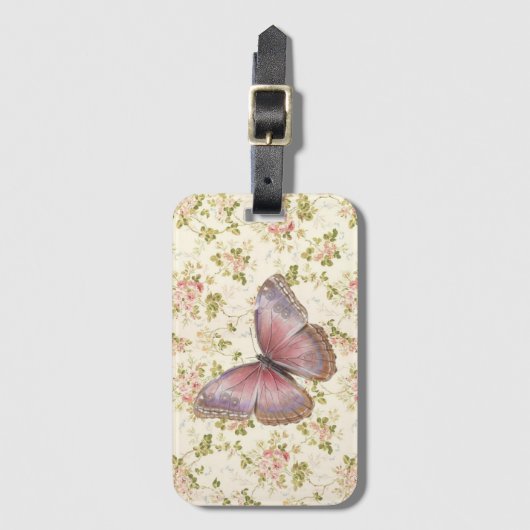 Shabby Chic Pink Butterfly op Floral Bagagelabel (Voorkant (verticaal))