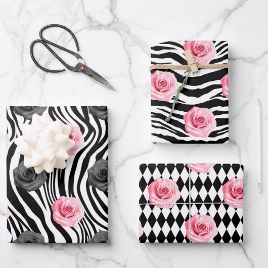 Shabby Chic Pink en Black Rozen Zebra Stripes Inpakpapier Vel (Voorkant)