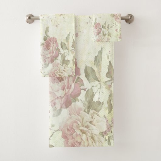 Shabby Chic Pink en Green Roos Floral Bad Handdoek (Insitu)