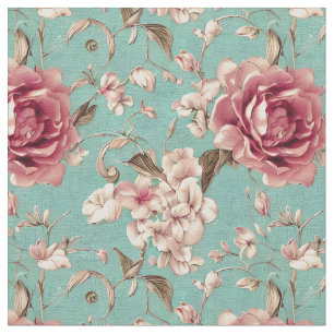 Shabby Chic Pink en White Florals op blauwgroen Stof