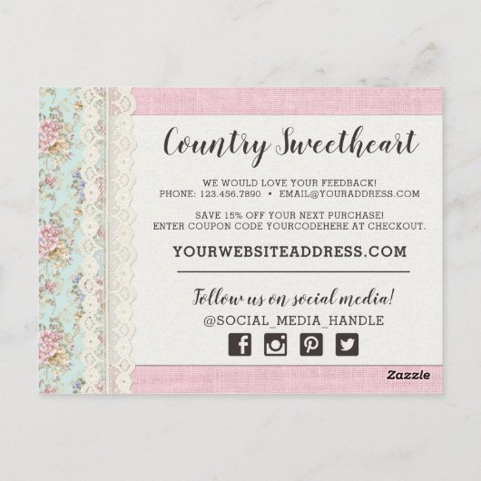 Shabby Chic Pink Floral Boutique Dank je Briefkaart (Achterkant)