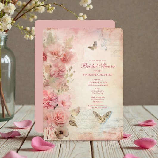 Shabby Chic Pink Floral Bridal Shower Kaart