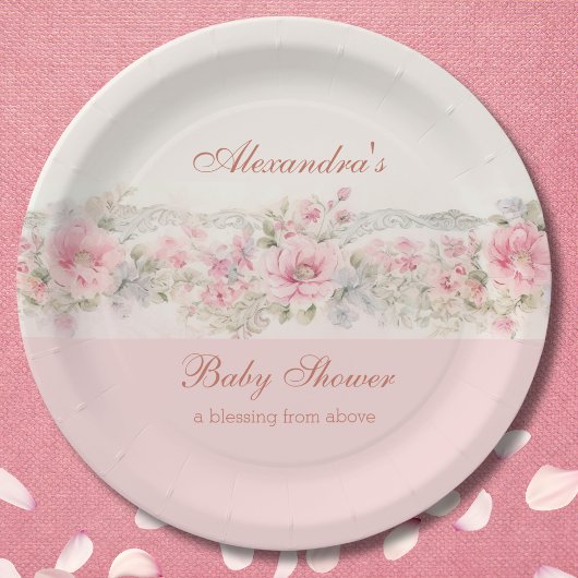 Shabby Chic Pink Floral Christian Baby Shower Papieren Bordje
