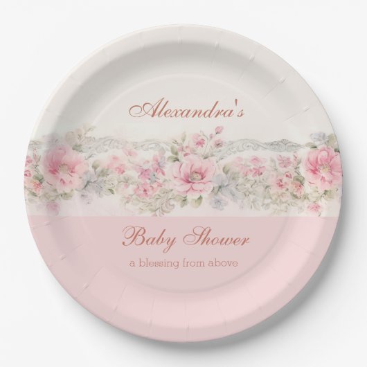 Shabby Chic Pink Floral Christian Baby Shower Papieren Bordje (Voorkant)